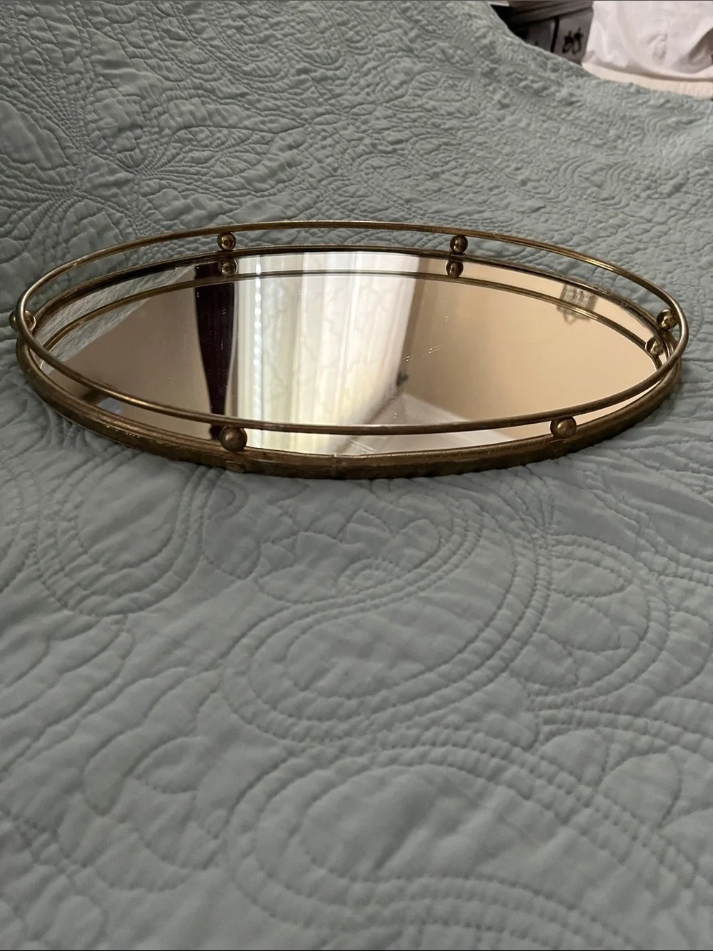 Round Mirrored Tray with Gold Rail
